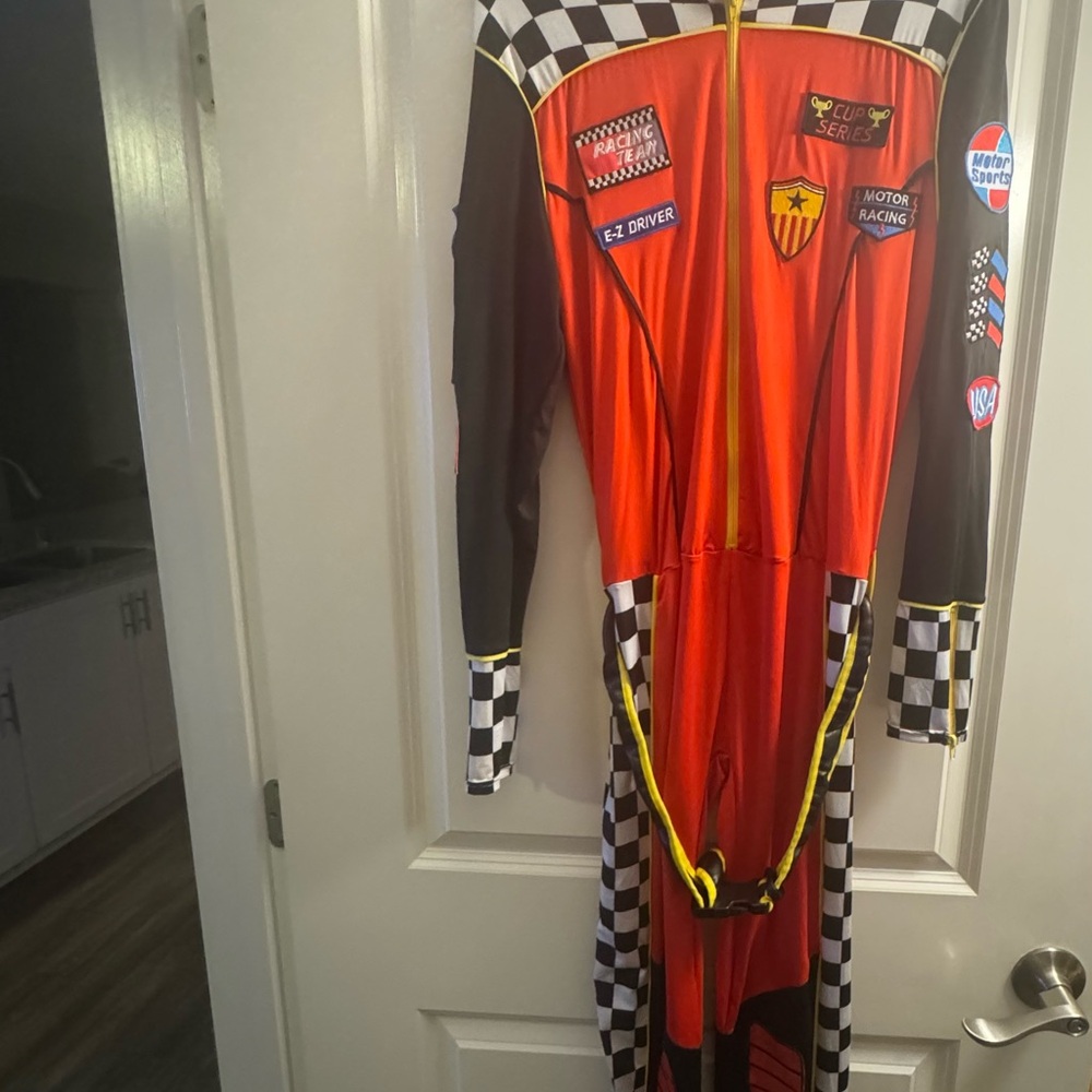 Red Racing Jumpsuit with Checkered Accents
